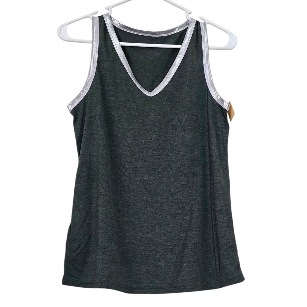 Shein Women's Green w. Silver Trim Sleeveless V Neck T Shirt Tee Size Small